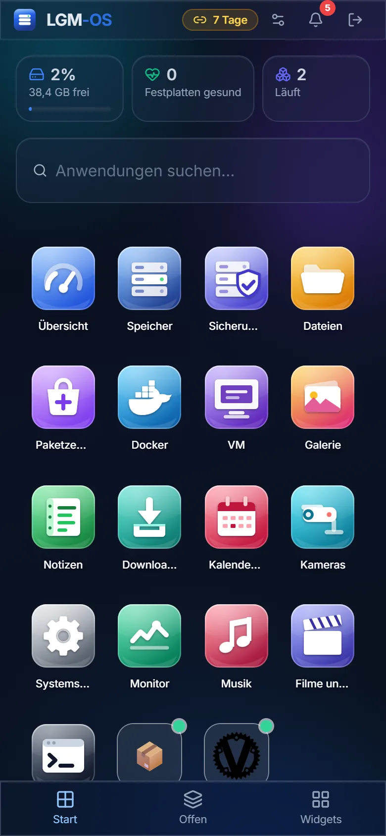 Mobile Ansicht des Panels