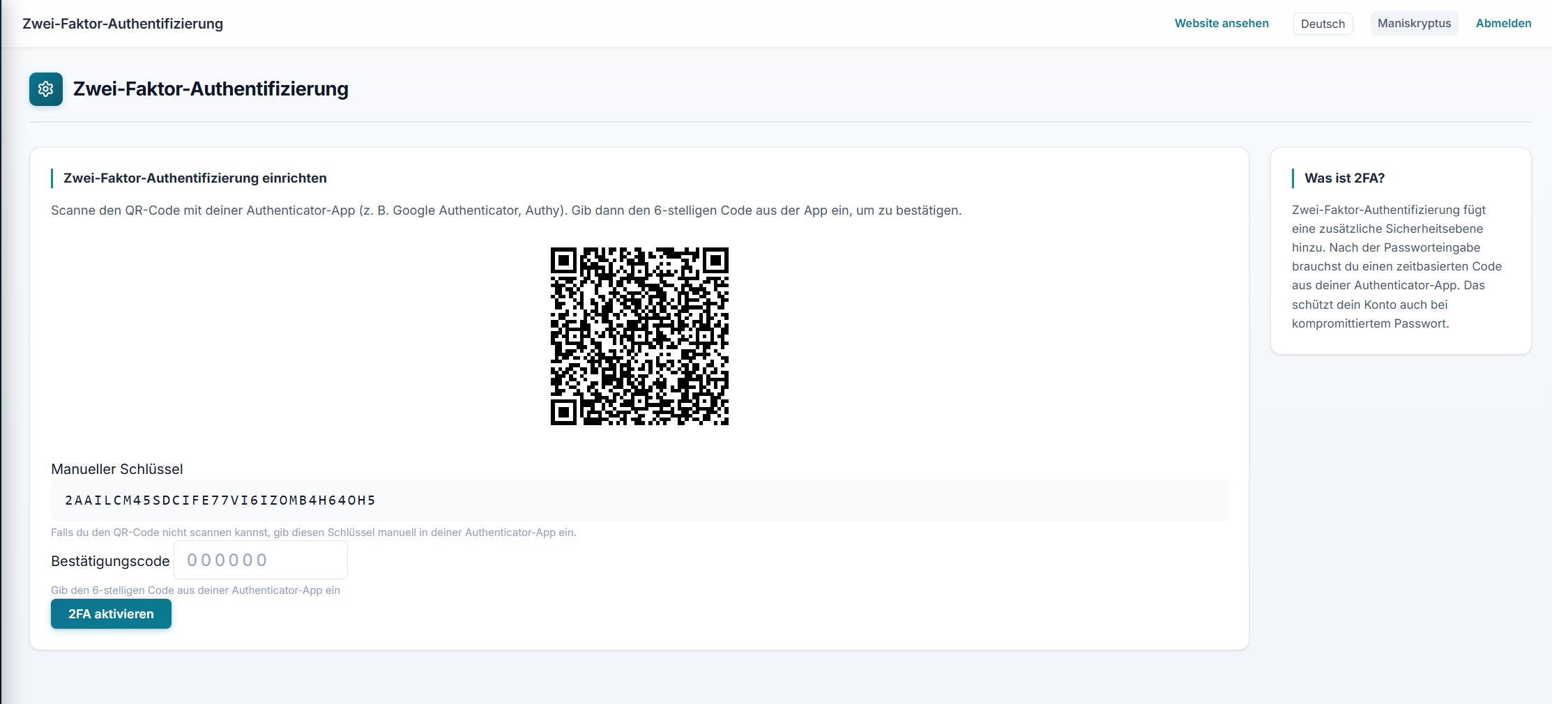 2FA-Setup mit QR-Code und Recovery-Codes